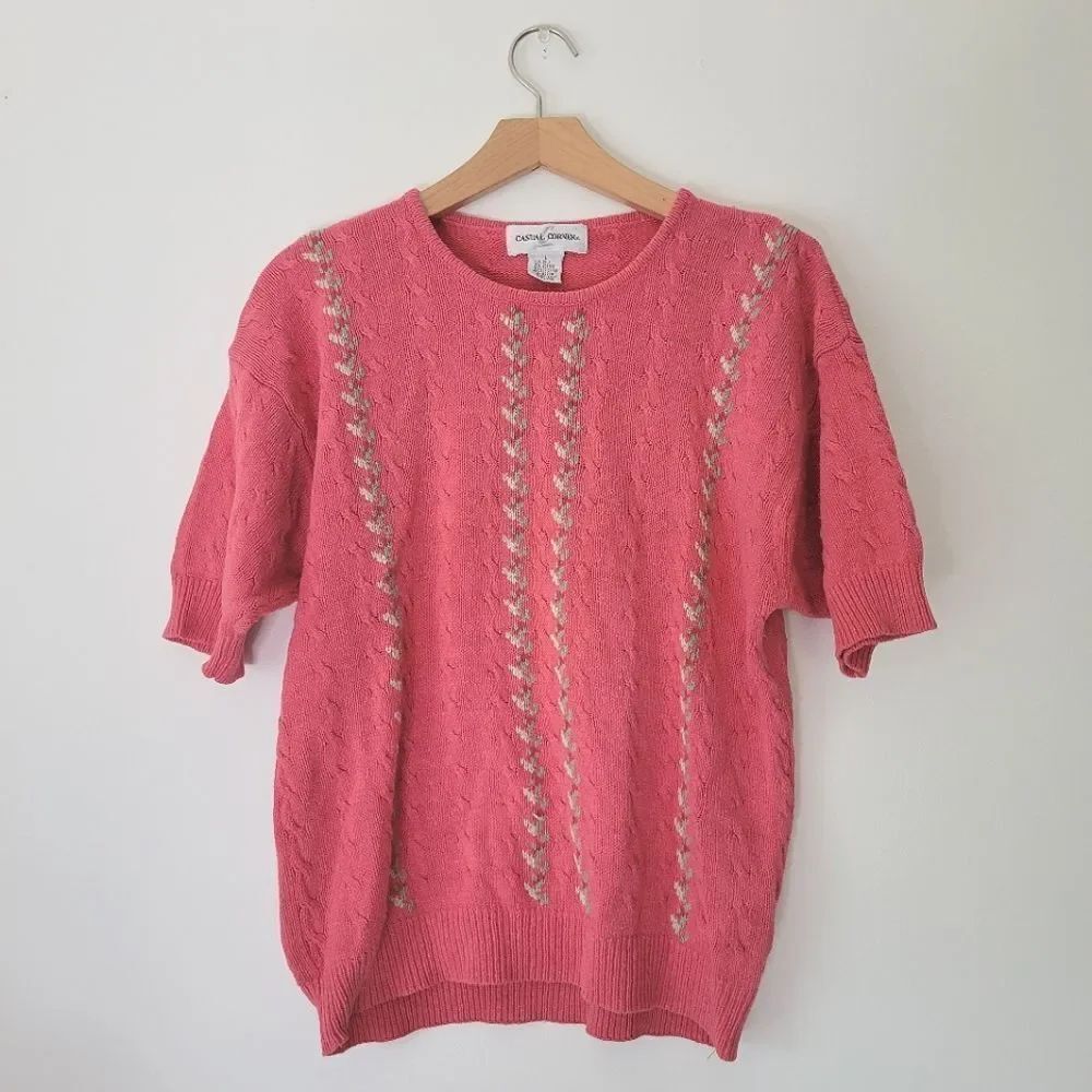 Vintage Silk Casual Corner Knit Pink Short Sleeve Sweater Floral Vine Cotton L
